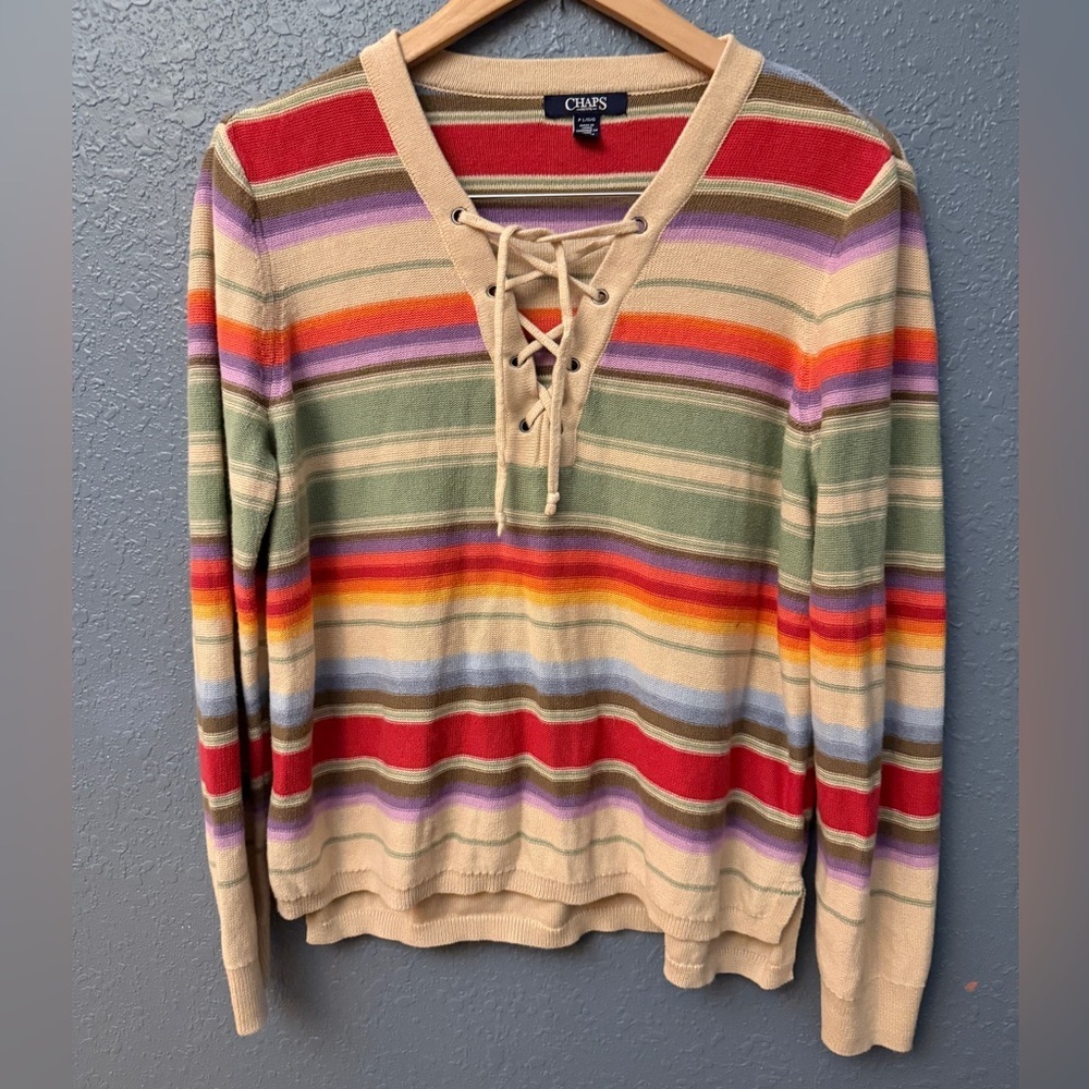 Chaps Petite Colorblock Stripe Lace Up Knit Top Western boho festival